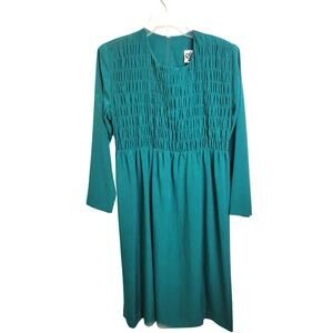 NWT vtg Midi Dress Women's Size 4P Ejm Kelly Green Smocked Bodice Long Sleeve